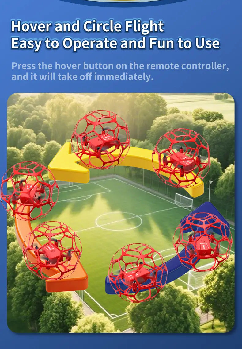 k26 football drone blue spherical cage toy featuring a red drone encased in a transparent red spherical cage designed for hover and circle flight with dual battery