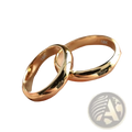 Two sleek polished 18k gold 4mm wedding band couple rings with smooth rounded design for weddings and engagements