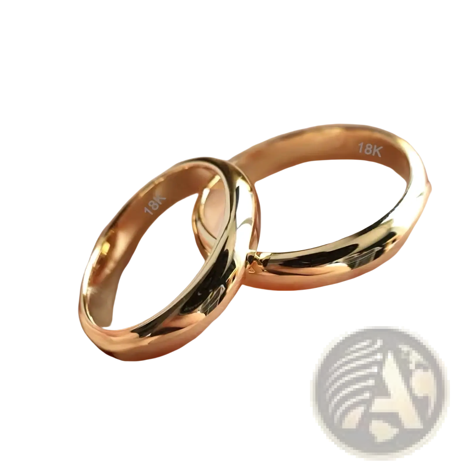 Two sleek polished 18k gold 4mm wedding band couple rings with smooth rounded design for weddings and engagements