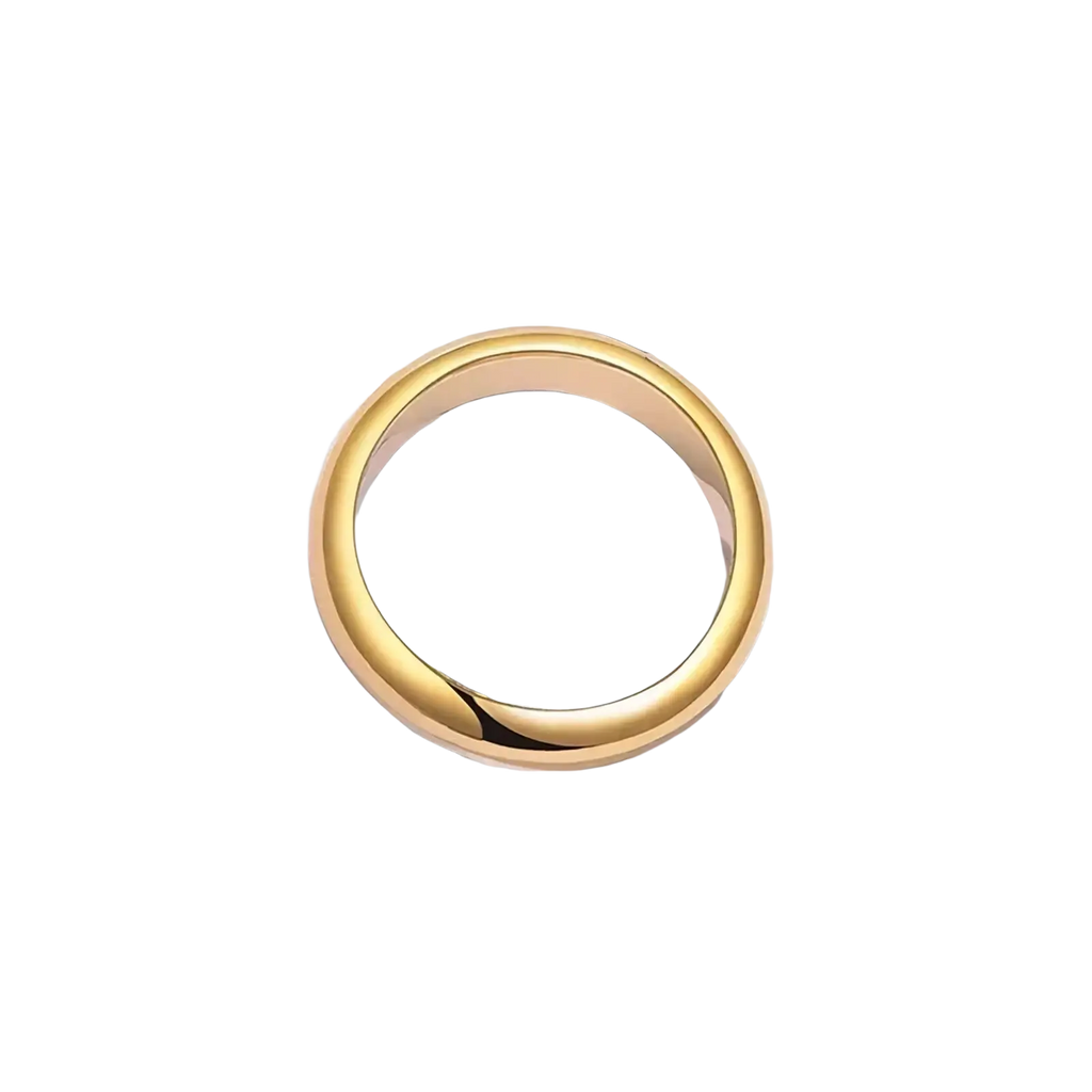 A sleek 18k gold 4mm wedding band with a smooth polished finish and subtle rounded edges for couples