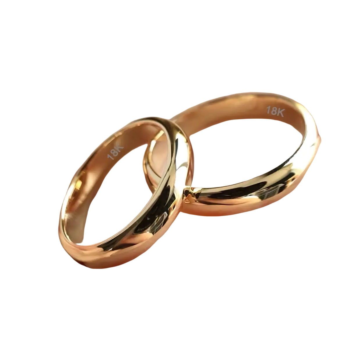 Two sleek polished 18k gold 4mm wedding band couple rings with smooth rounded design for weddings and engagements
