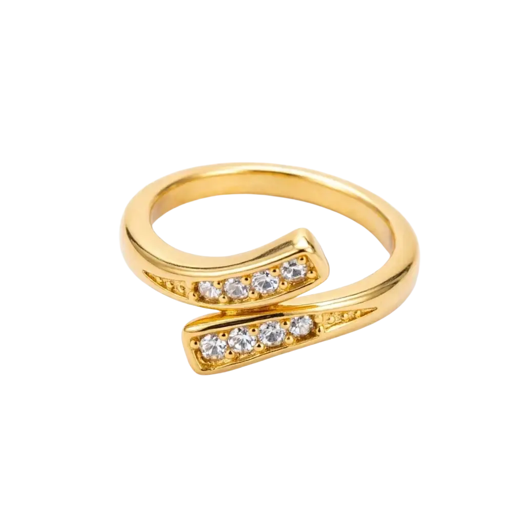 18k gold adjustable zircon ring for women with a modern open design featuring intersecting bands and clear stones