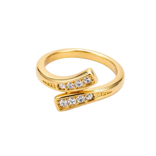 18k gold adjustable zircon ring for women with a modern open design featuring intersecting bands and clear stones