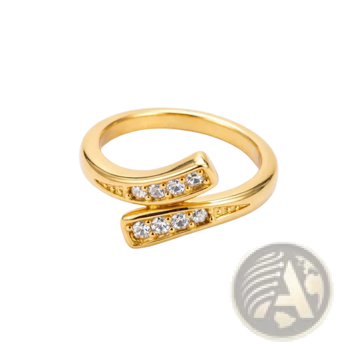 18k gold adjustable zircon ring for women with a modern open design featuring intersecting bands and clear stones