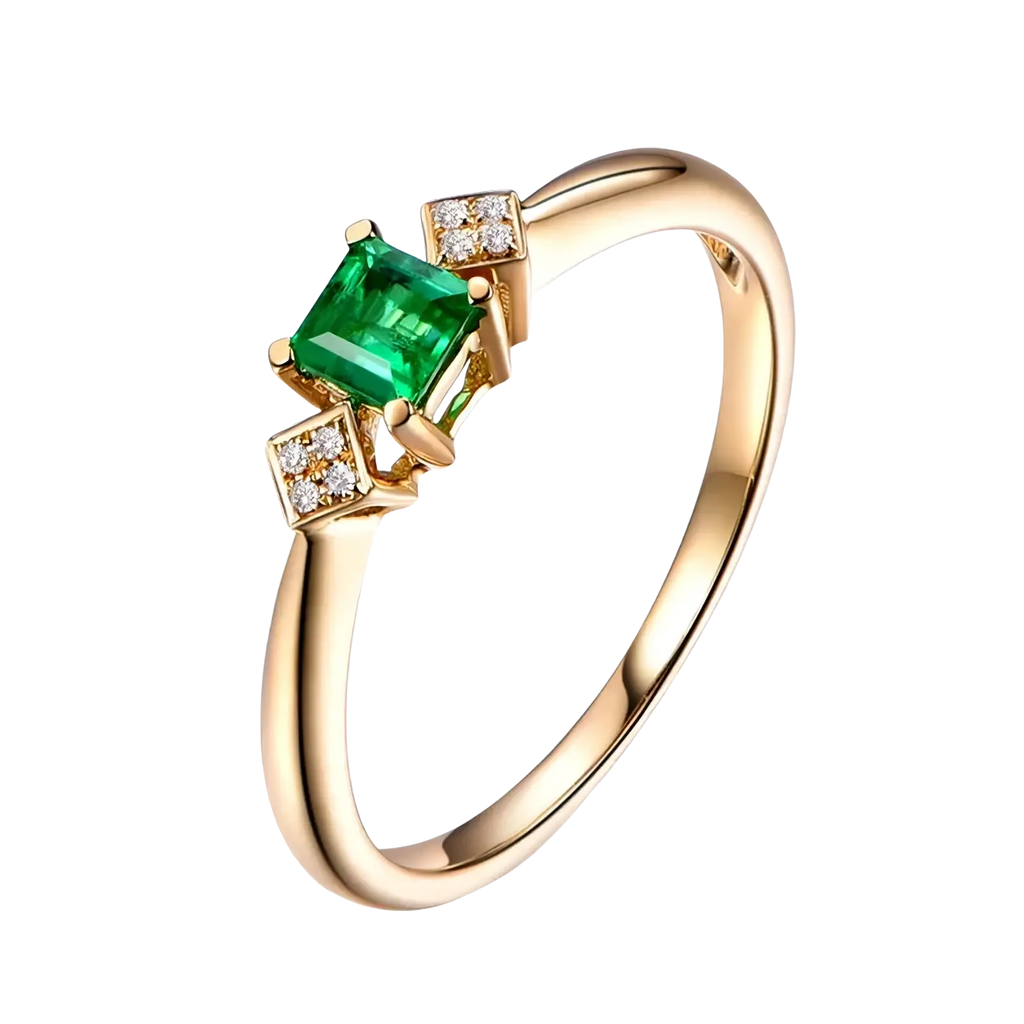 18k gold emerald diamond engagement ring with a central emerald-cut green gemstone and two square diamond settings