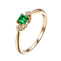18k gold emerald diamond engagement ring with a central emerald-cut green gemstone and two square diamond settings