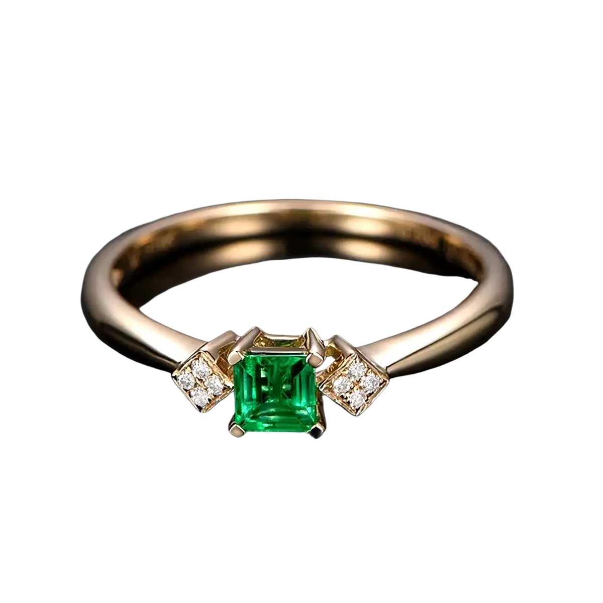 18k gold emerald diamond engagement ring with a central emerald-cut green gemstone and two diamond accents