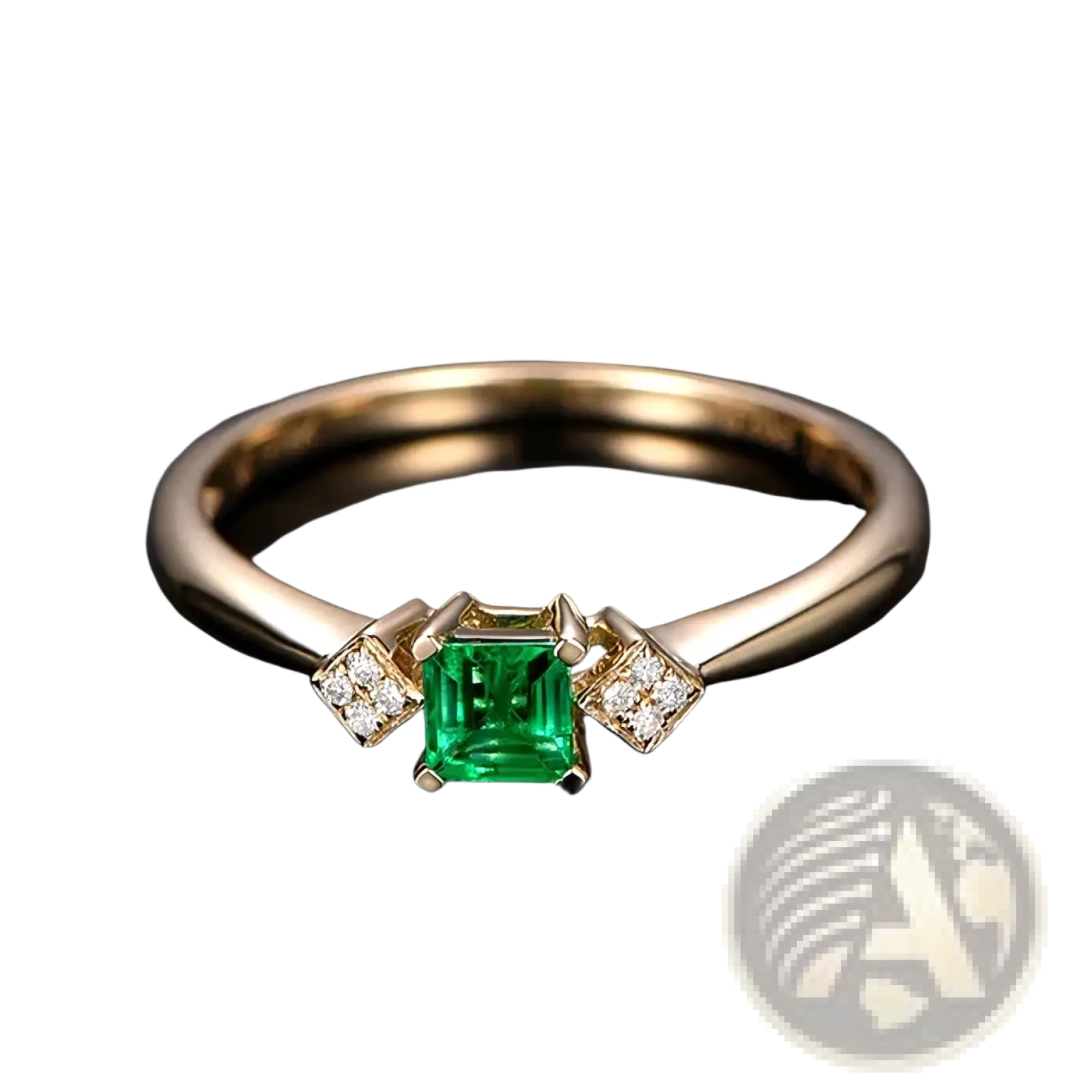 18k gold emerald diamond engagement ring with a central emerald-cut green gemstone and two diamond accents
