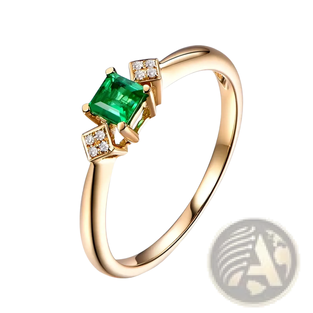 18k gold emerald diamond engagement ring with a central emerald-cut green gemstone and two square diamond settings