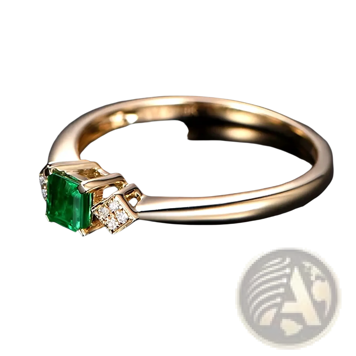 18k gold emerald diamond engagement ring with a prominent emerald cut green gemstone and diamond accents
