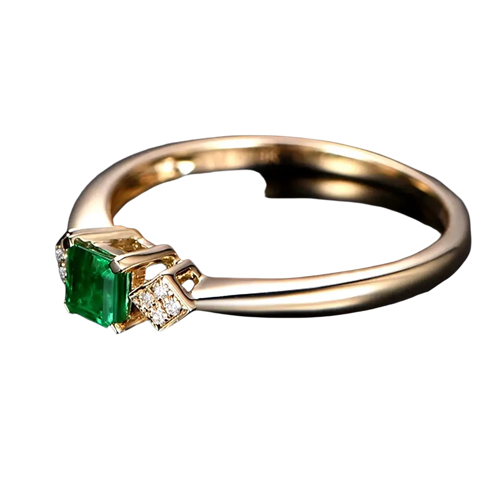18k gold emerald diamond engagement ring with a prominent emerald cut green gemstone and diamond accents