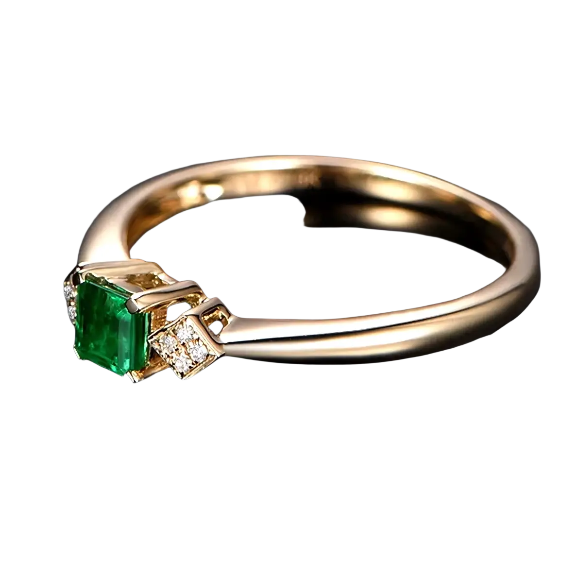 18k gold emerald diamond engagement ring with a prominent emerald cut green gemstone and diamond accents