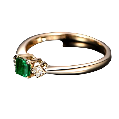 18k gold emerald diamond engagement ring with a prominent emerald cut green gemstone and diamond accents