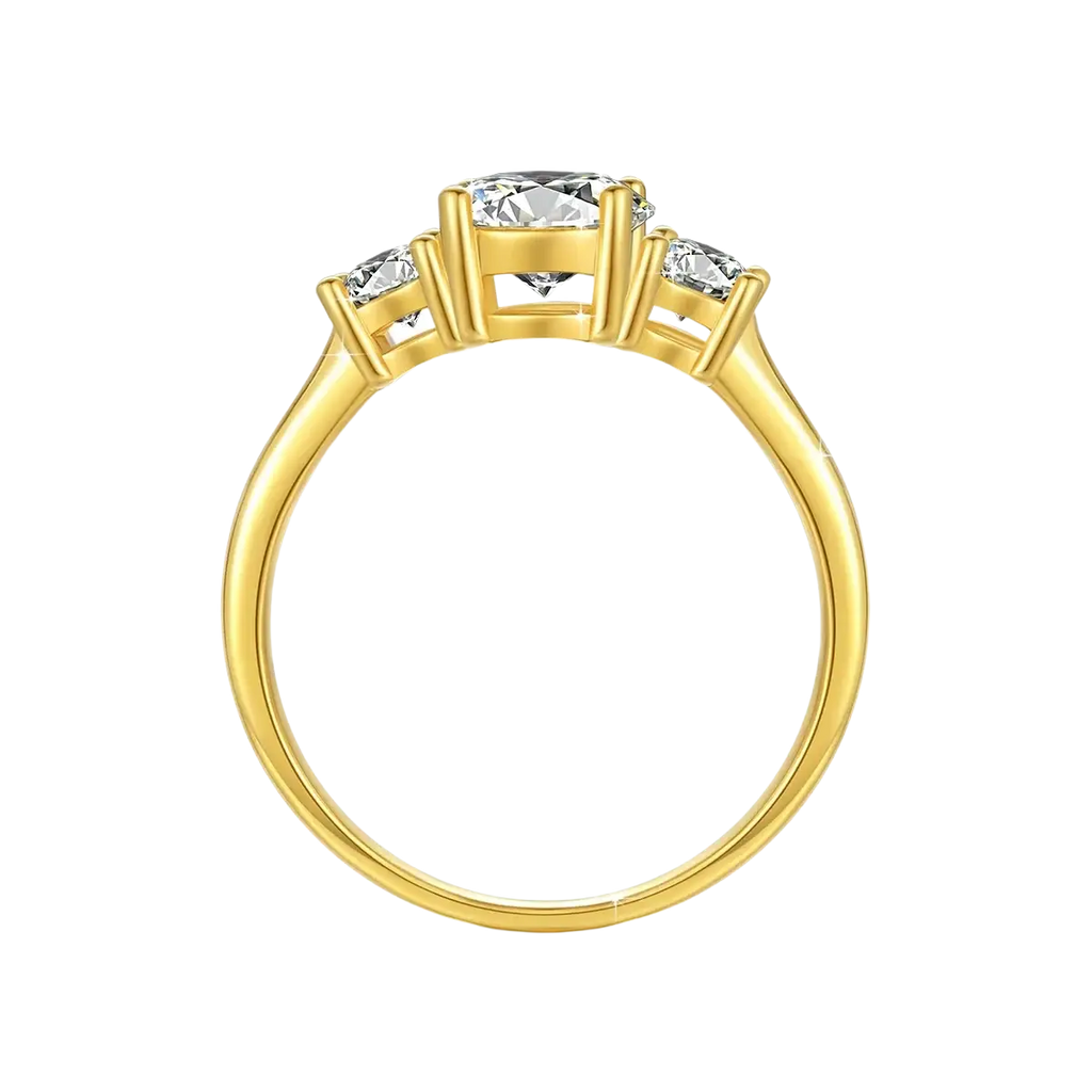 18k gold moissanite three stone ring with a central round-cut diamond and two smaller side diamonds in yellow gold
