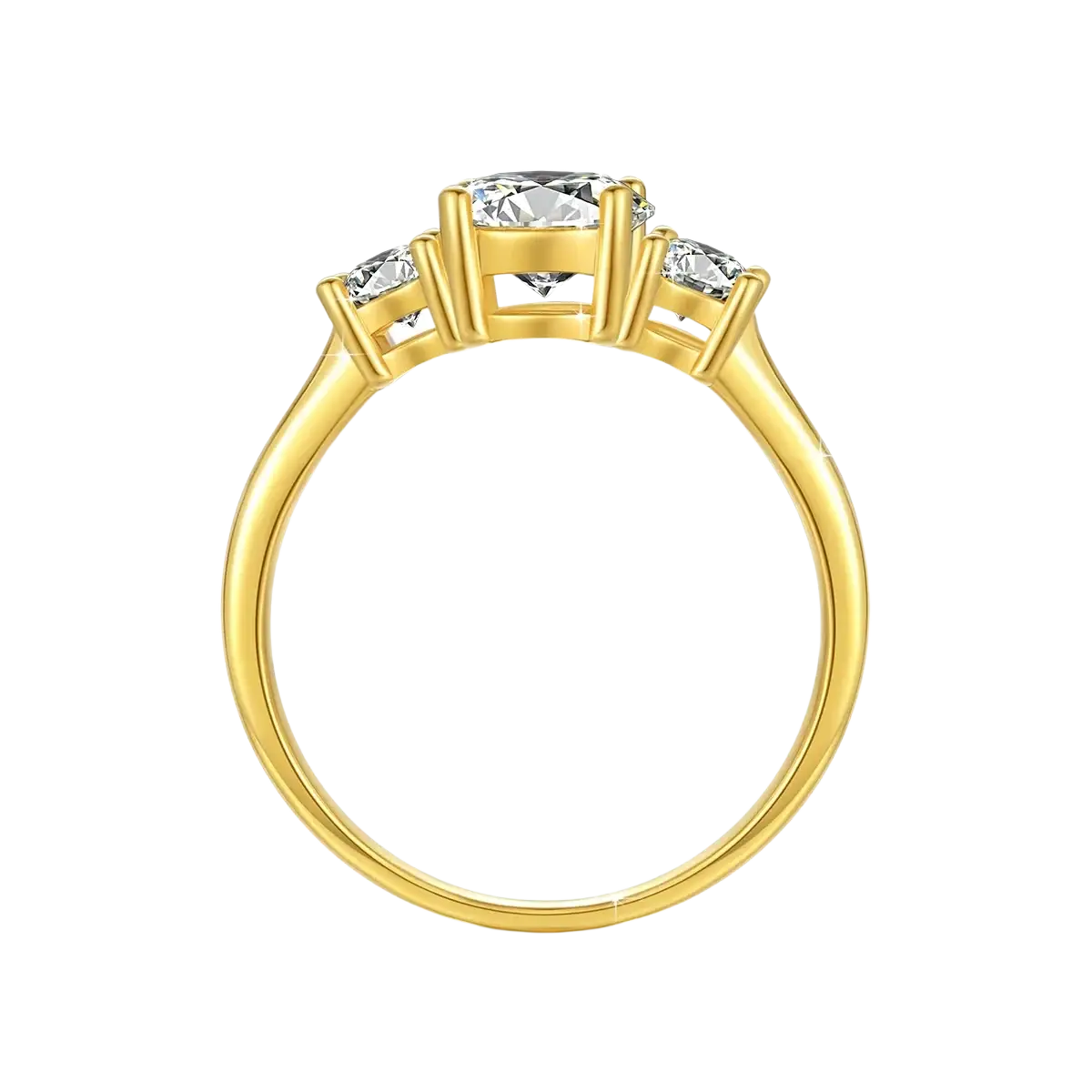 18k gold moissanite three stone ring with a central round-cut diamond and two smaller side diamonds in yellow gold