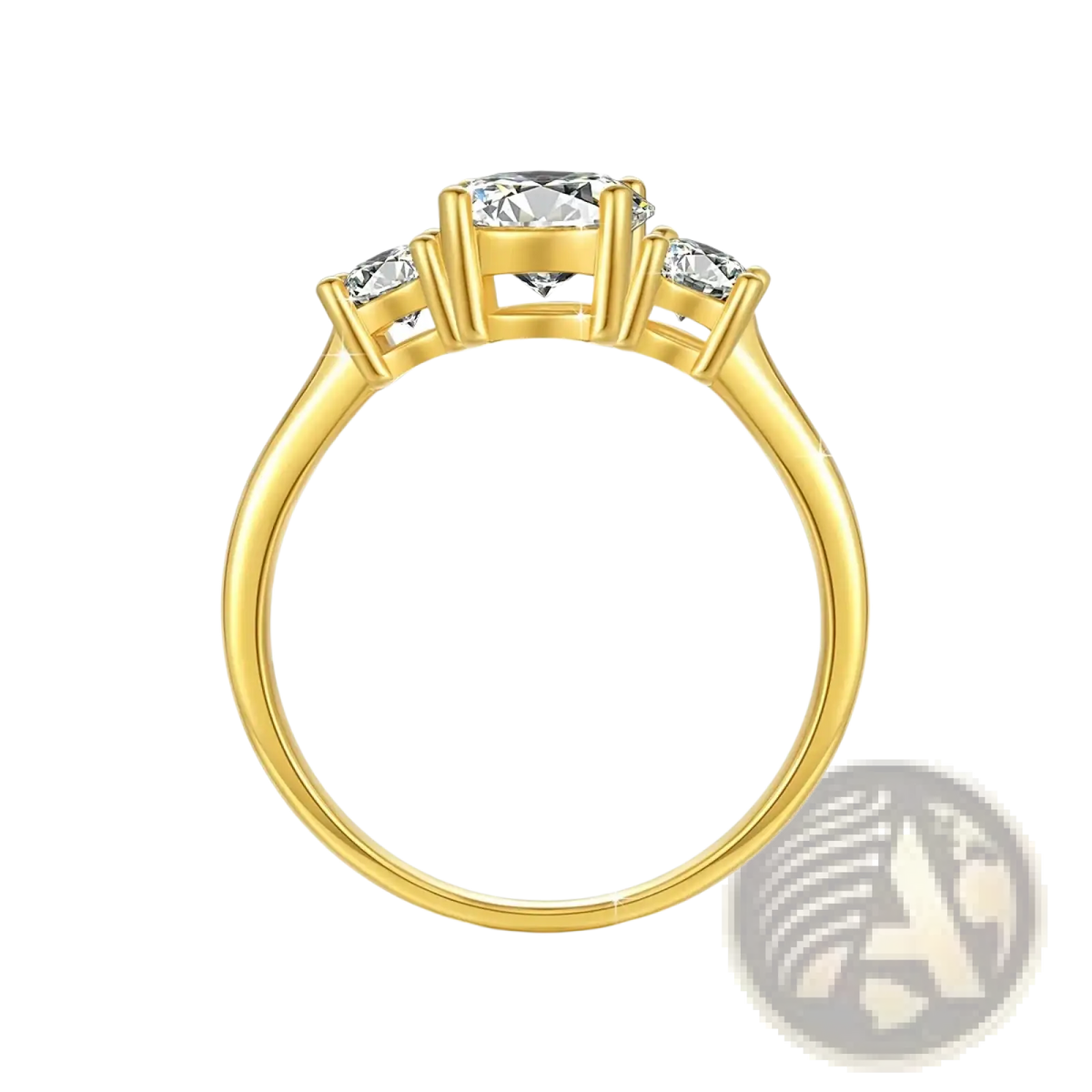 18k gold moissanite three stone ring with a central round-cut diamond and two smaller side diamonds in yellow gold
