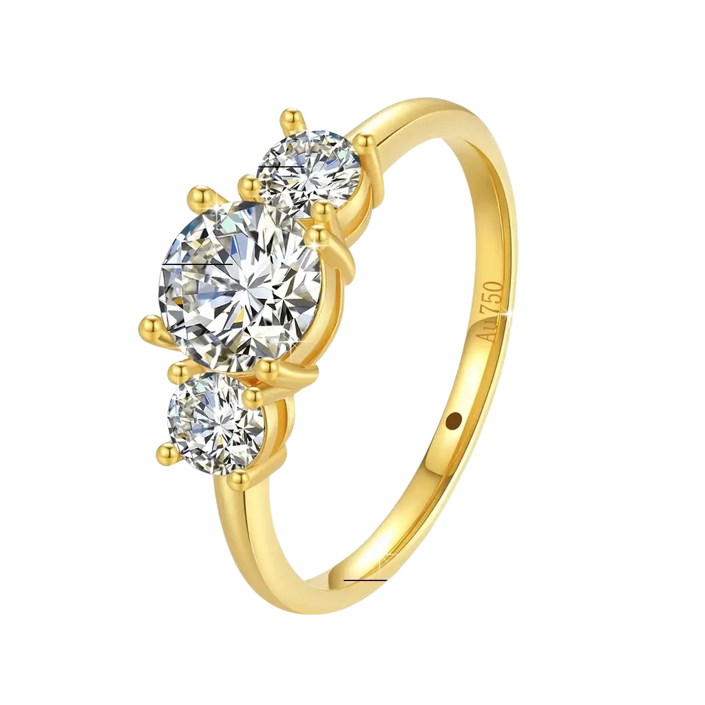 18k gold moissanite three stone ring with a 1.0ct central stone and two 0.3ct side stones in prong setting