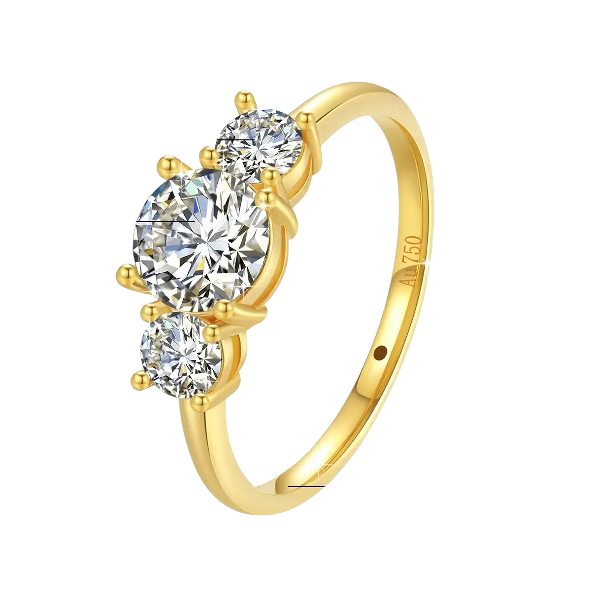 18k gold moissanite three stone ring with a 1.0ct central stone and two 0.3ct side stones in prong setting