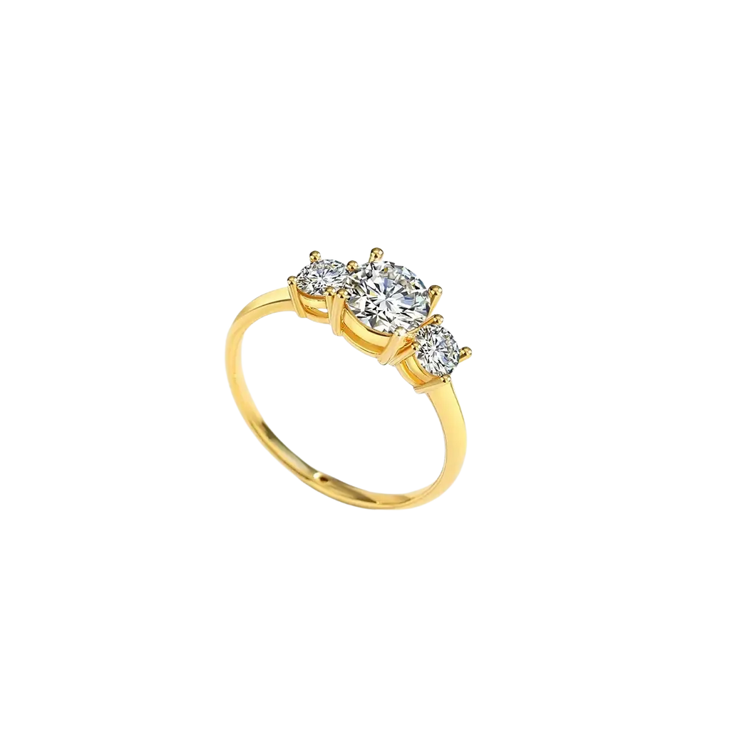 18k gold moissanite three stone ring with central oval cut stone and two smaller round stones in gold setting