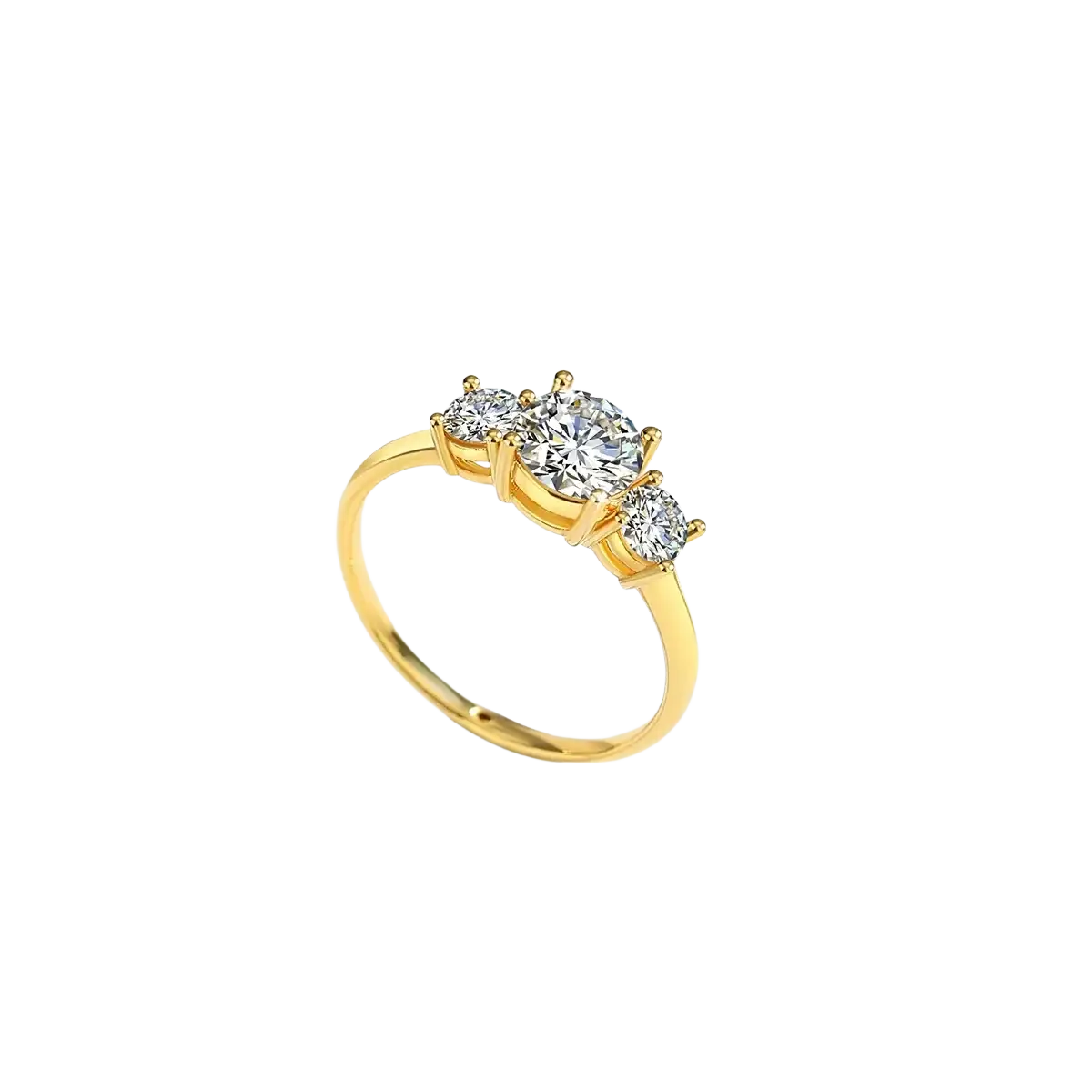 18k gold moissanite three stone ring with central oval cut stone and two smaller round stones in gold setting
