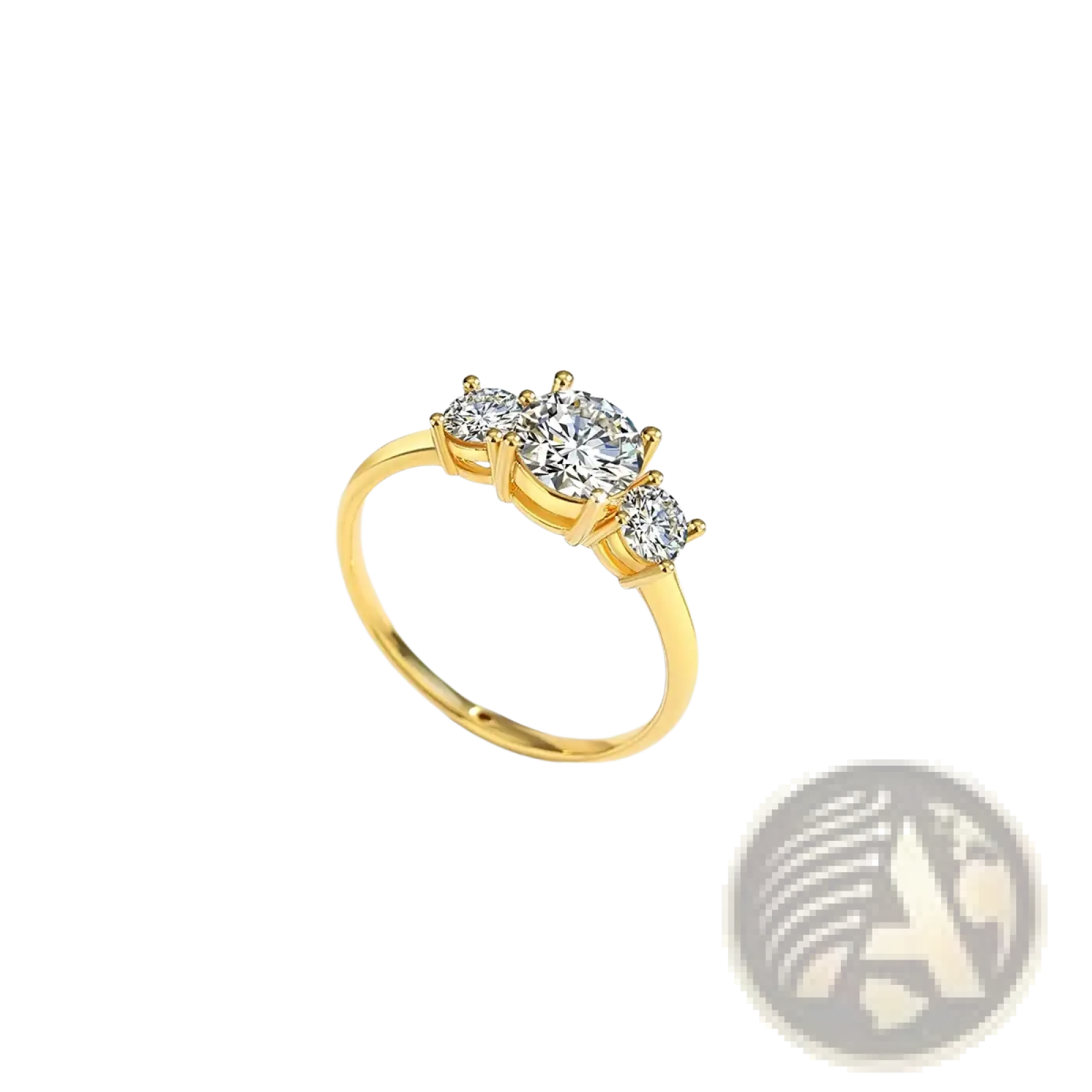18k gold moissanite three stone ring with central oval cut stone and two smaller round stones in gold setting