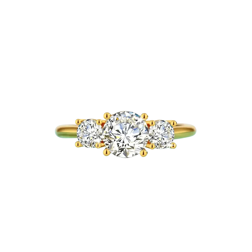 18k gold moissanite three stone ring with a round-cut central stone and two smaller side stones on a yellow gold band