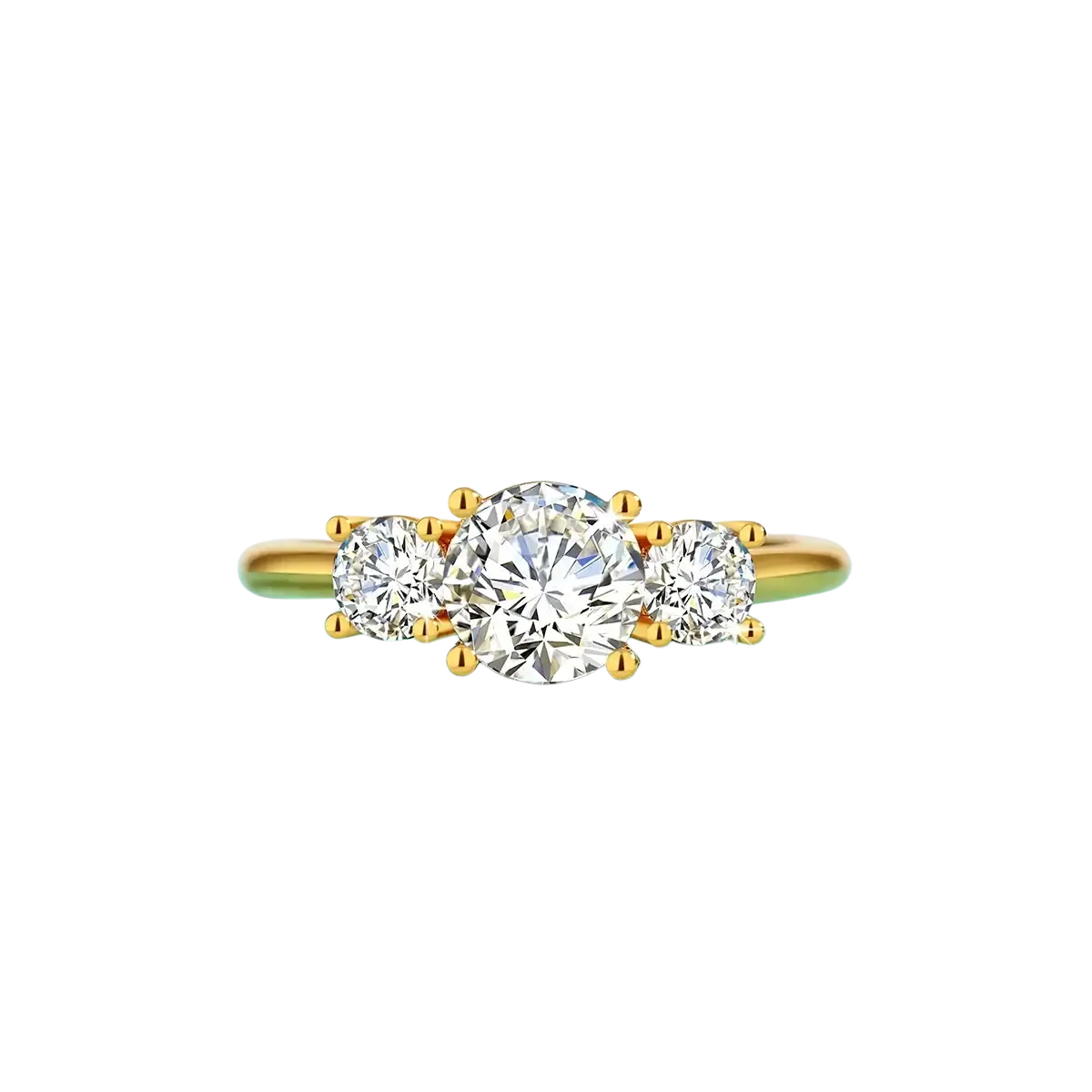 18k gold moissanite three stone ring with a round-cut central stone and two smaller side stones on a yellow gold band