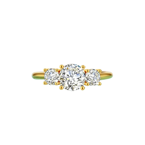 18k gold moissanite three stone ring with a round-cut central stone and two smaller side stones on a yellow gold band