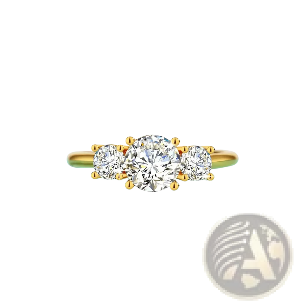 18k gold moissanite three stone ring with a round-cut central stone and two smaller side stones on a yellow gold band