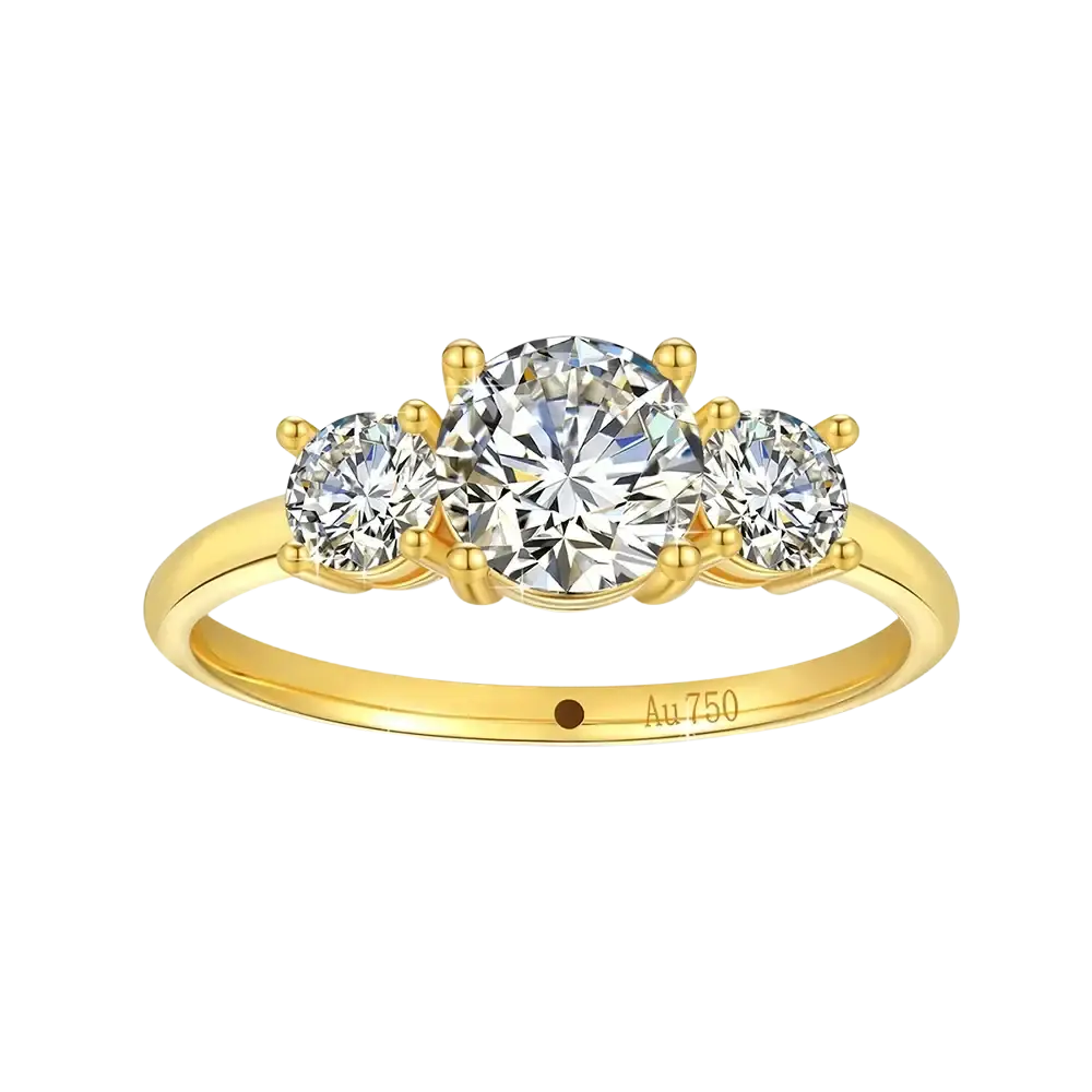 Elegant 18k gold moissanite three stone ring with a central round brilliant cut diamond and two smaller side diamonds