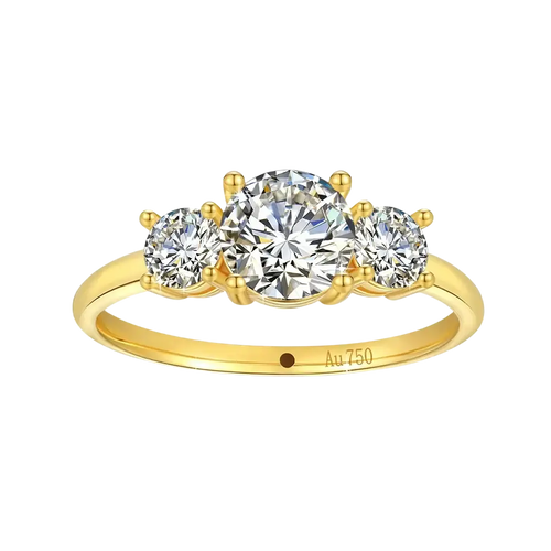 Elegant 18k gold moissanite three stone ring with a central round brilliant cut diamond and two smaller side diamonds