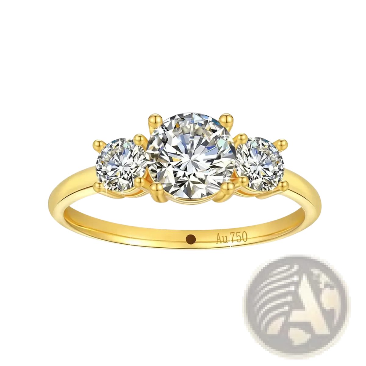 Elegant 18k gold moissanite three stone ring with a central round brilliant cut diamond and two smaller side diamonds