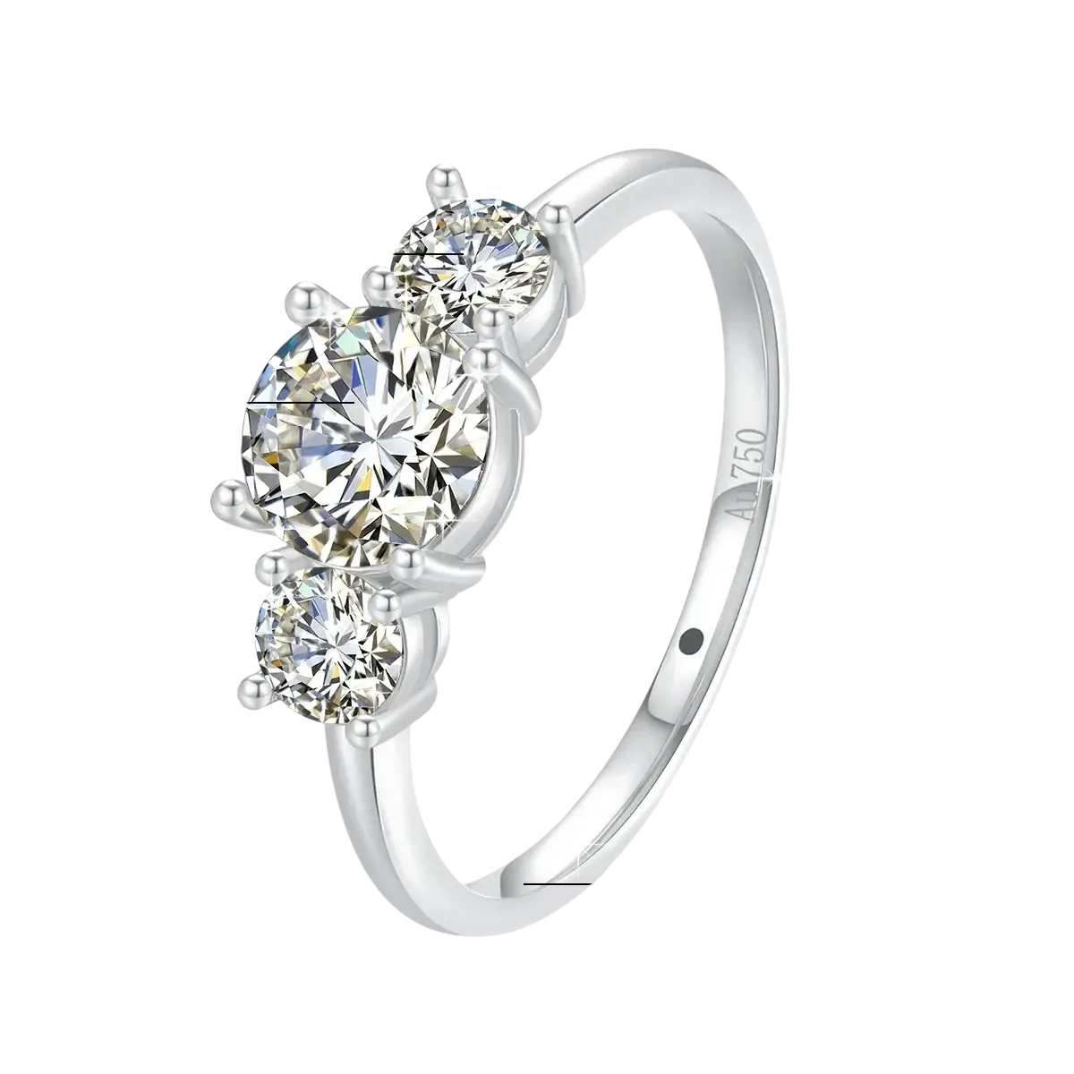 Elegant 18k white gold moissanite three stone ring featuring sparkling stones in a classic trilogy design