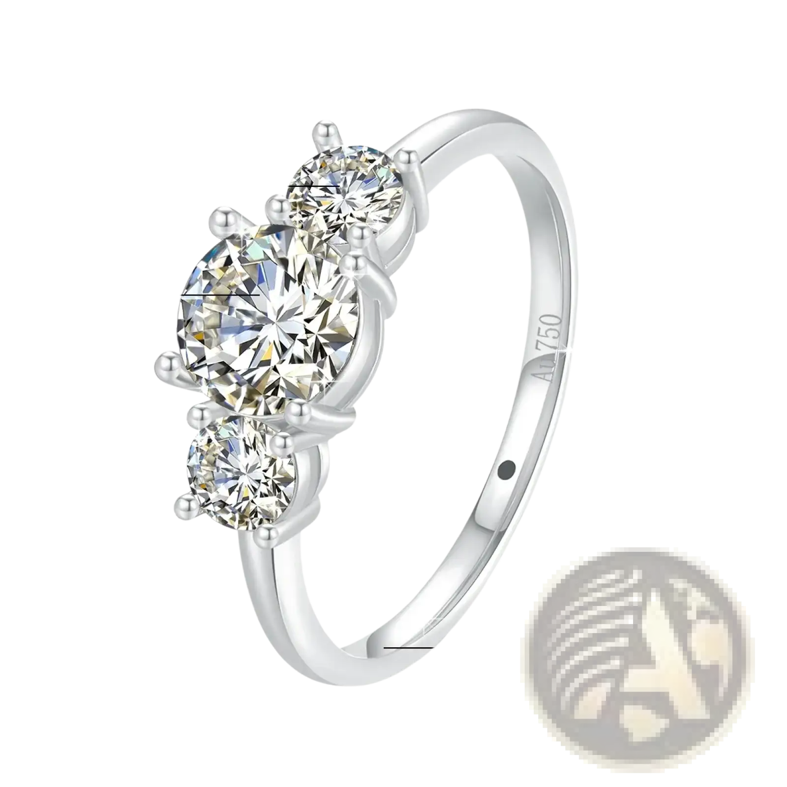 Elegant 18k white gold moissanite three stone ring featuring sparkling stones in a classic trilogy design