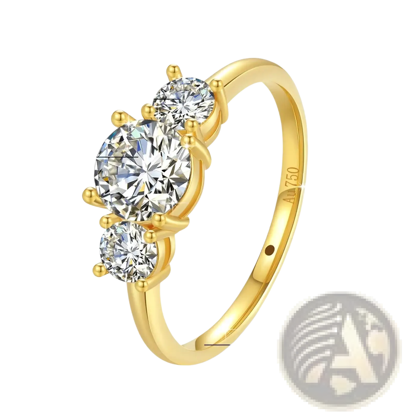 18k gold moissanite three stone ring with a 1.0ct central stone and two 0.3ct side stones in prong setting