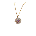 Delicate 18k gold necklace with a circular purple gemstone pendant surrounded by diamonds for party engagement wedding