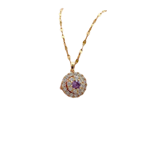 Delicate 18k gold necklace with a circular purple gemstone pendant surrounded by diamonds for party engagement wedding