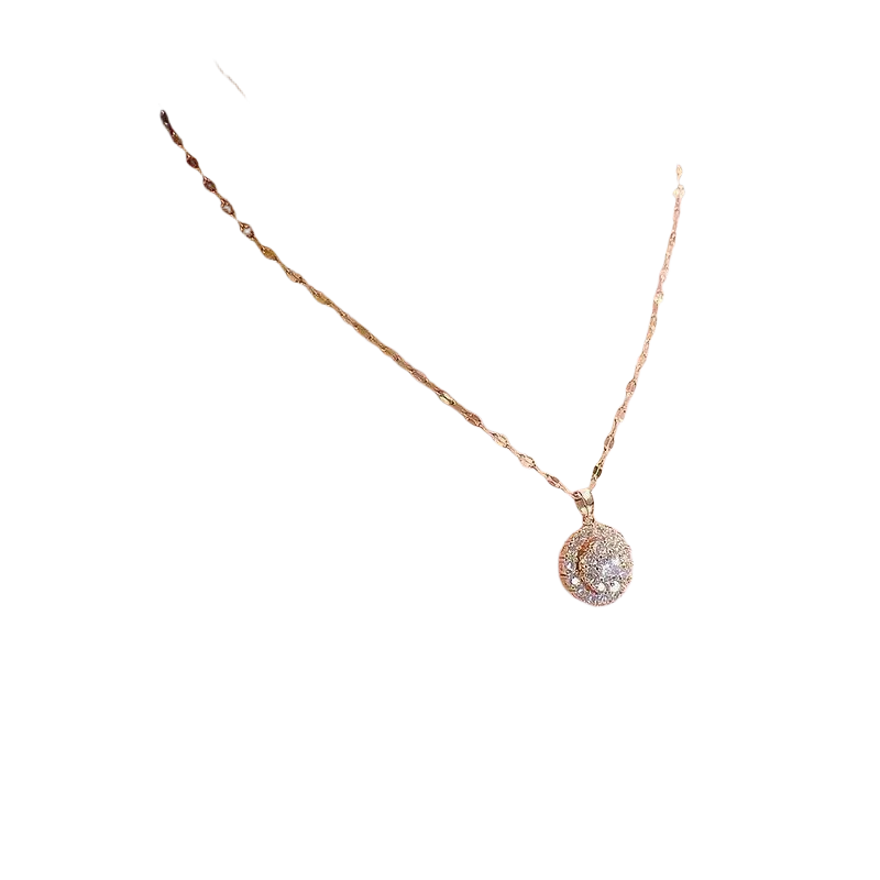 A delicate 18k gold necklace with a round sparkling diamond pendant for party engagement wedding occasions