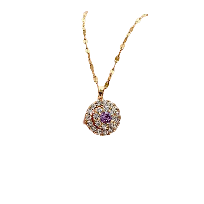 18k gold necklace with a circular pendant featuring a purple gemstone and clear stones for party engagement wedding