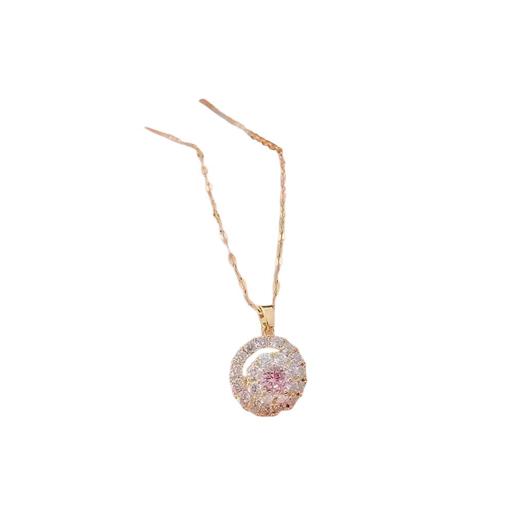 18k gold necklace with round pendant featuring sparkling clear and pink crystals for party engagement wedding