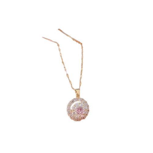 18k gold necklace with round pendant featuring sparkling clear and pink crystals for party engagement wedding
