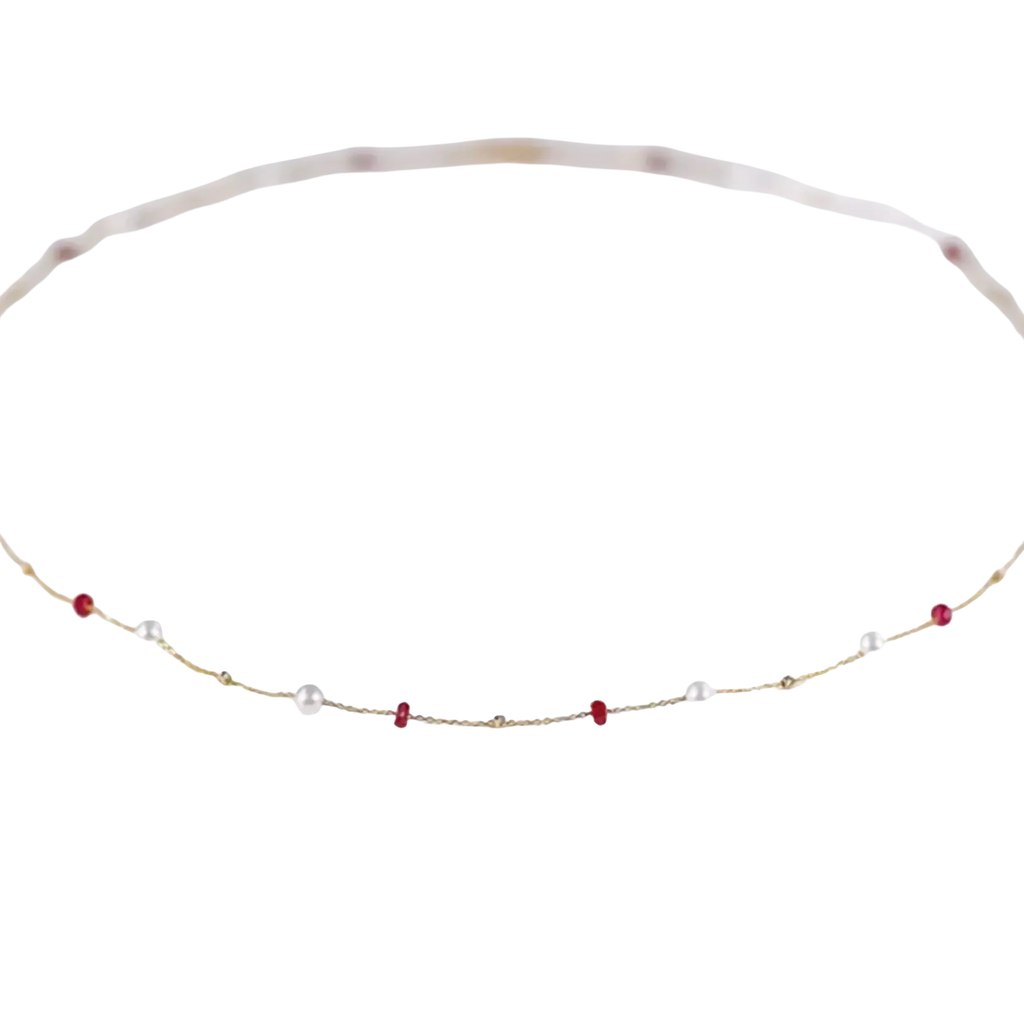 18k gold pearl ruby pendant necklace featuring a delicate gold chain with alternating white pearls and red gemstones