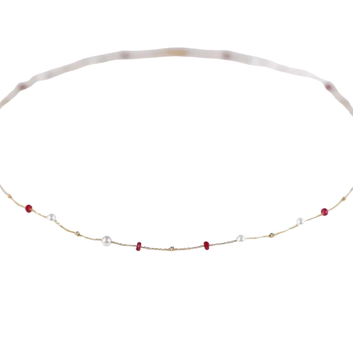 18k gold pearl ruby pendant necklace featuring a delicate gold chain with alternating white pearls and red gemstones