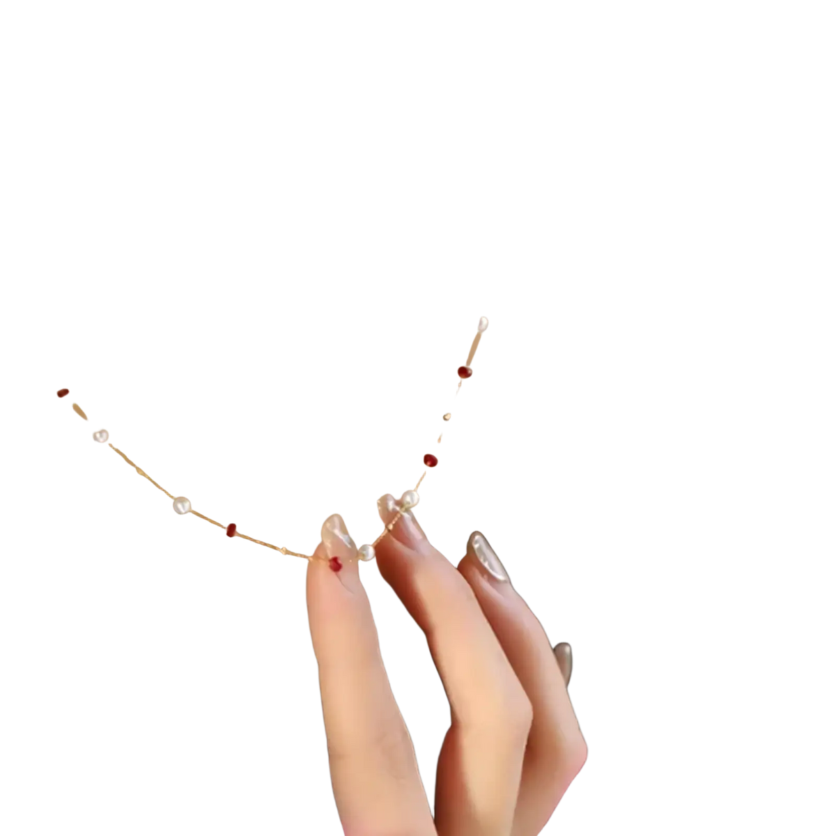 18k gold pearl ruby pendant necklace with delicate gold chain featuring alternating white pearls and red gemstones