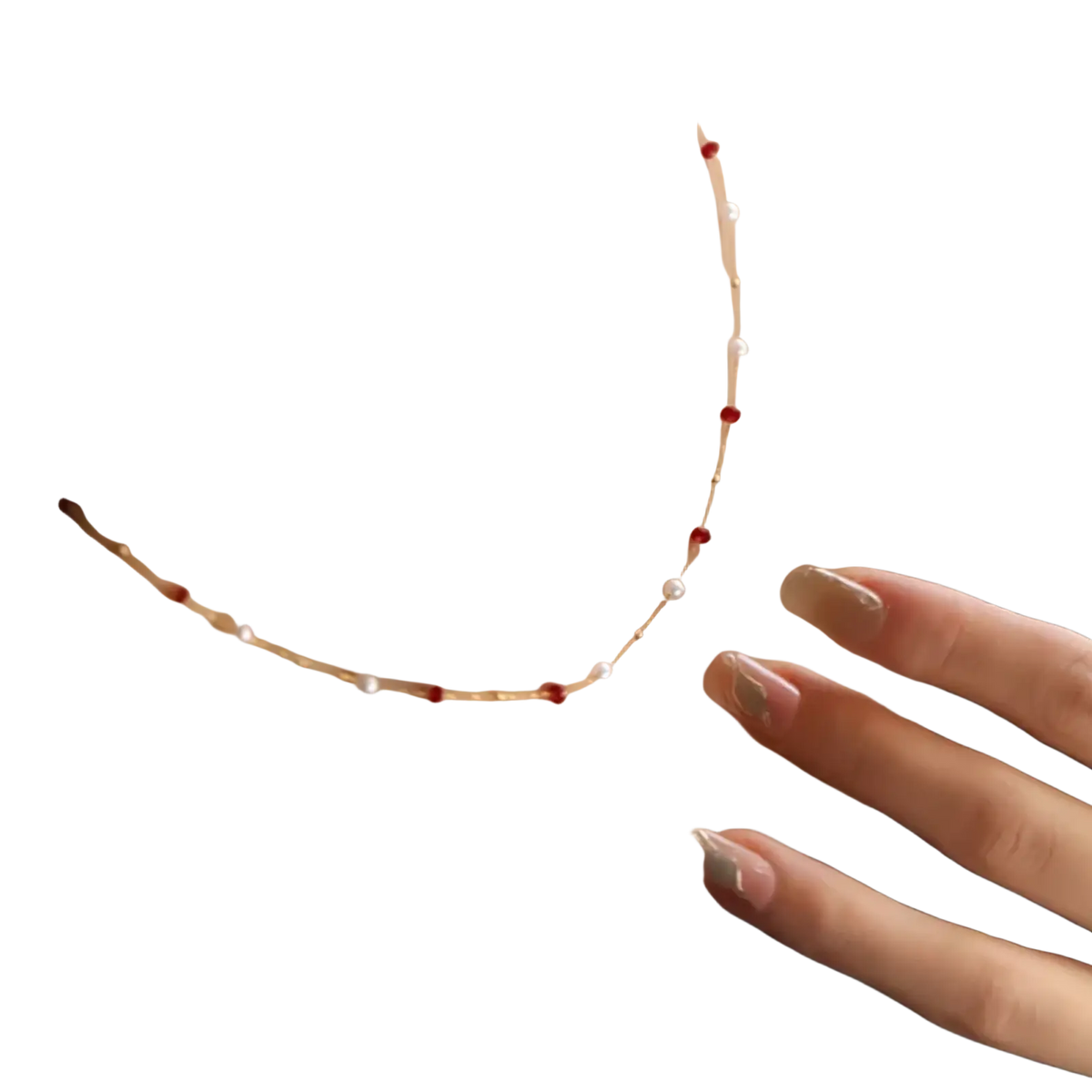 18k gold necklace featuring a delicate chain with alternating red rubies and white pearls pendant design