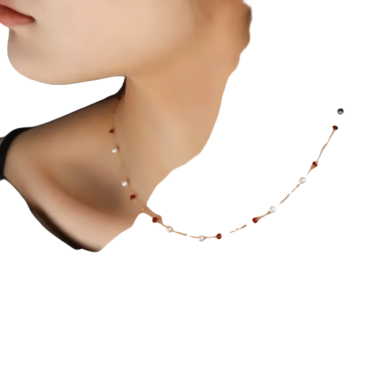 18k gold pearl ruby pendant necklace with a delicate gold chain featuring alternating white pearls and red gemstones