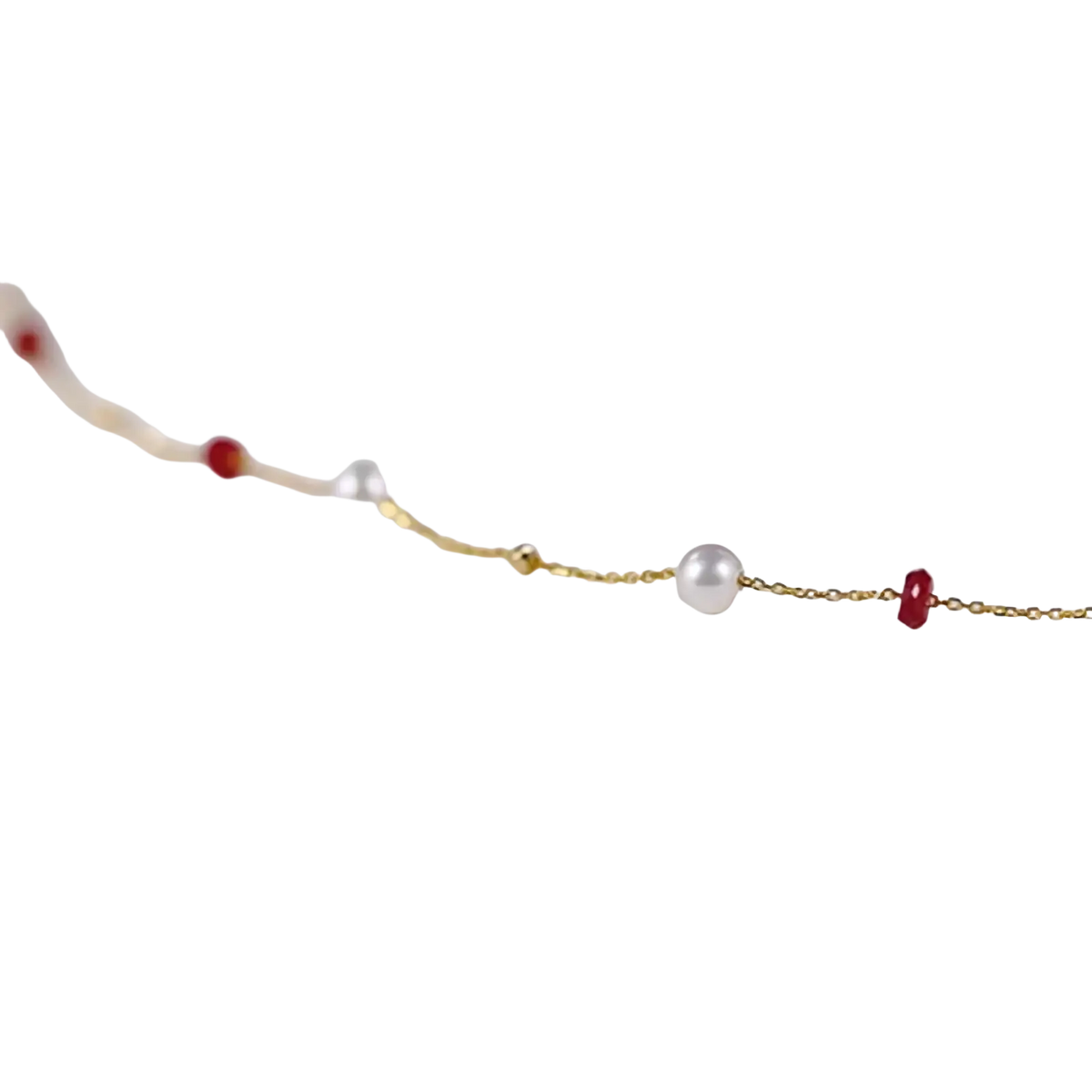 18k gold pearl ruby pendant necklace with a delicate gold chain featuring alternating white pearls and red gemstones