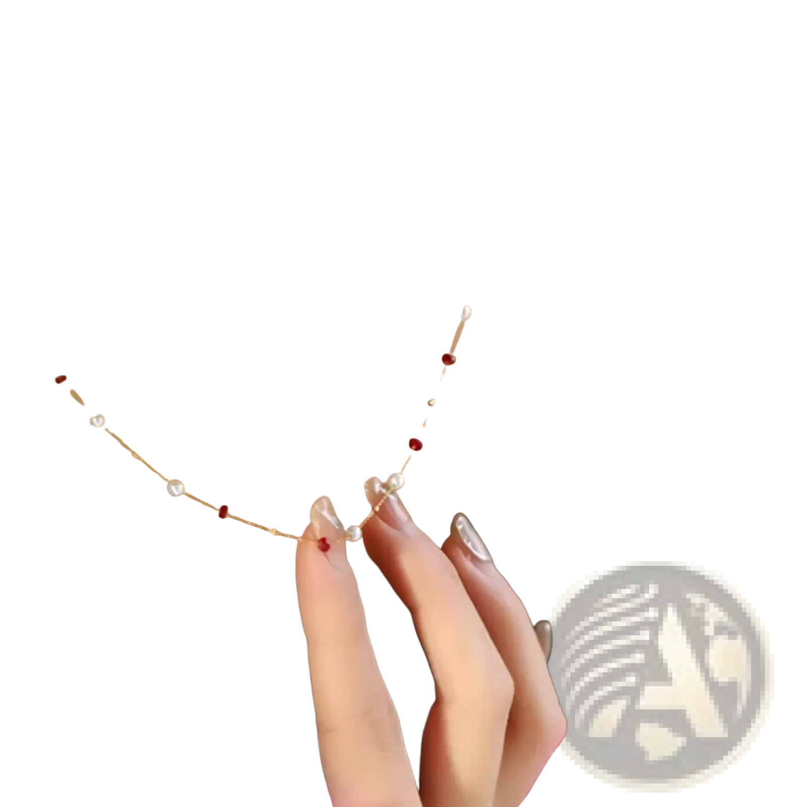 18k gold pearl ruby pendant necklace with delicate gold chain featuring alternating white pearls and red gemstones