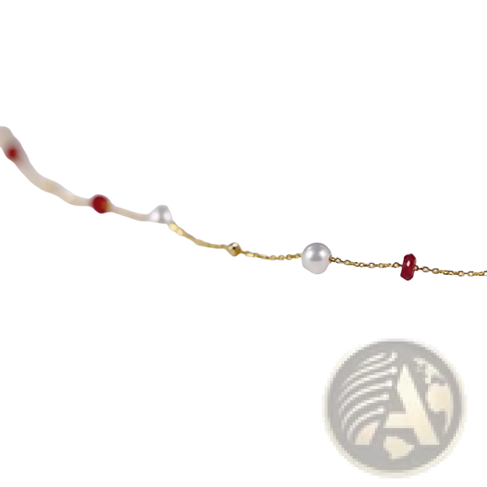 18k gold pearl ruby pendant necklace with a delicate gold chain featuring alternating white pearls and red gemstones