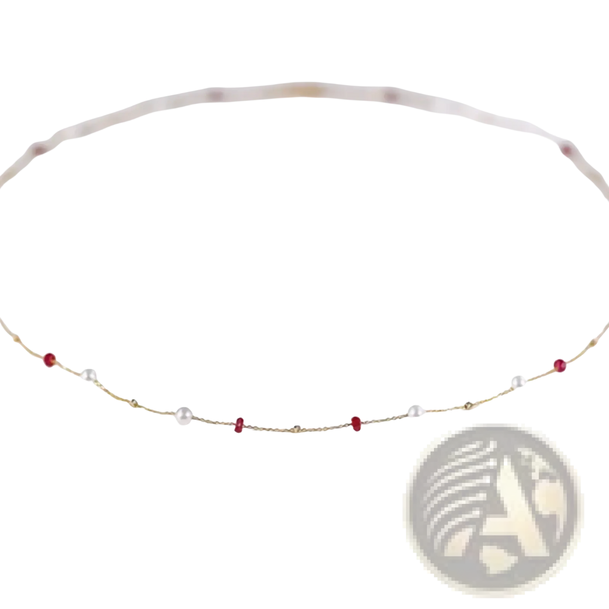 18k gold pearl ruby pendant necklace featuring a delicate gold chain with alternating white pearls and red gemstones